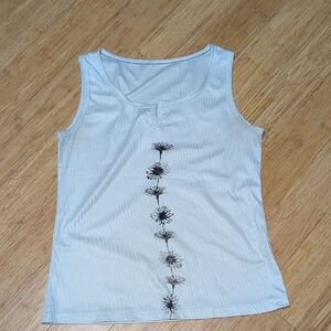 Sunflower Design Ribbed White V-Notch Scoop Neck Tank Top Size XXL